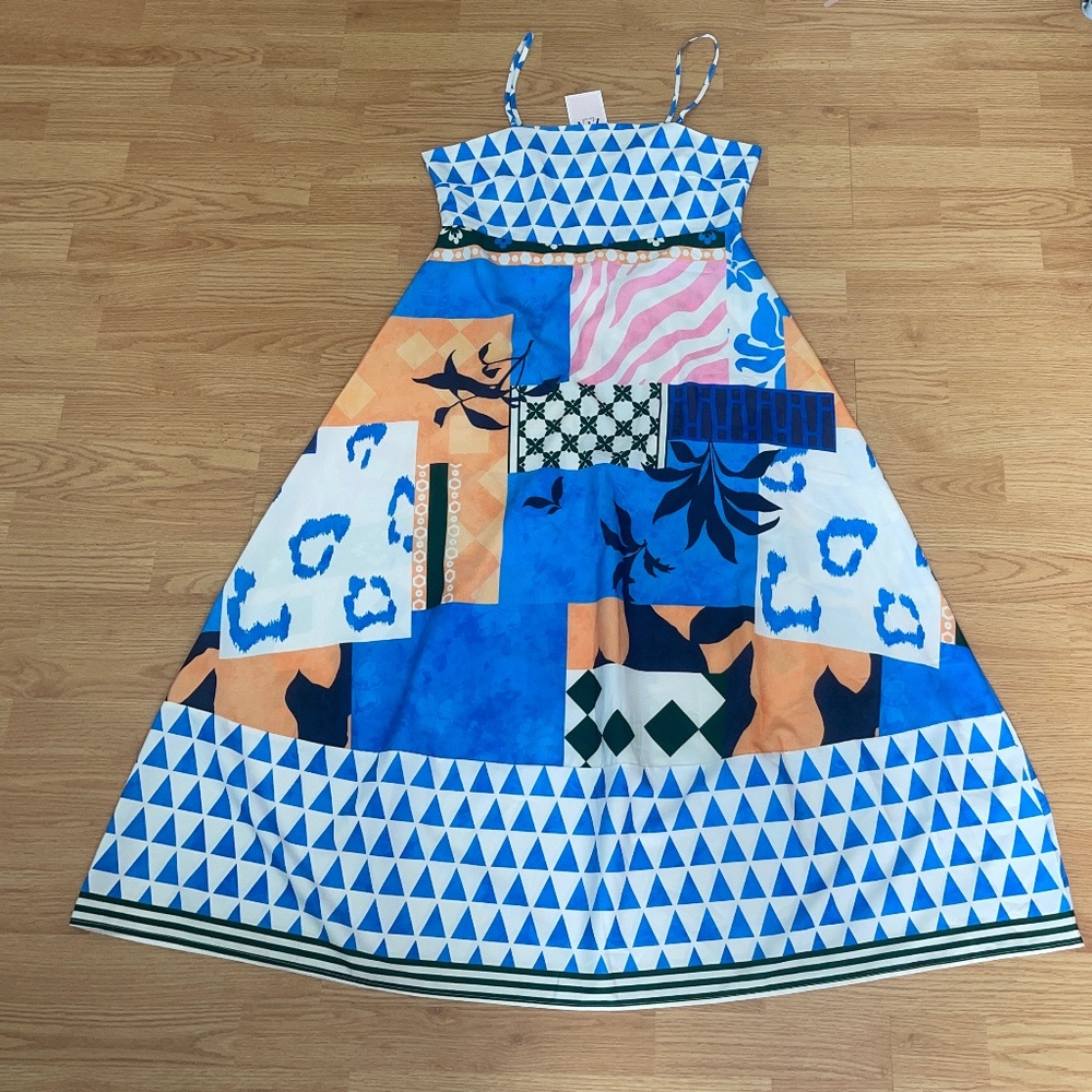 NWT SundayUp Stunning Blue & White Patchwork Sleeveless Adjustable Straps Size L